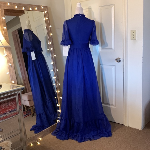 MAC DUGGALRuffled High Neck Flutter Sleeve High Low Hem Gown